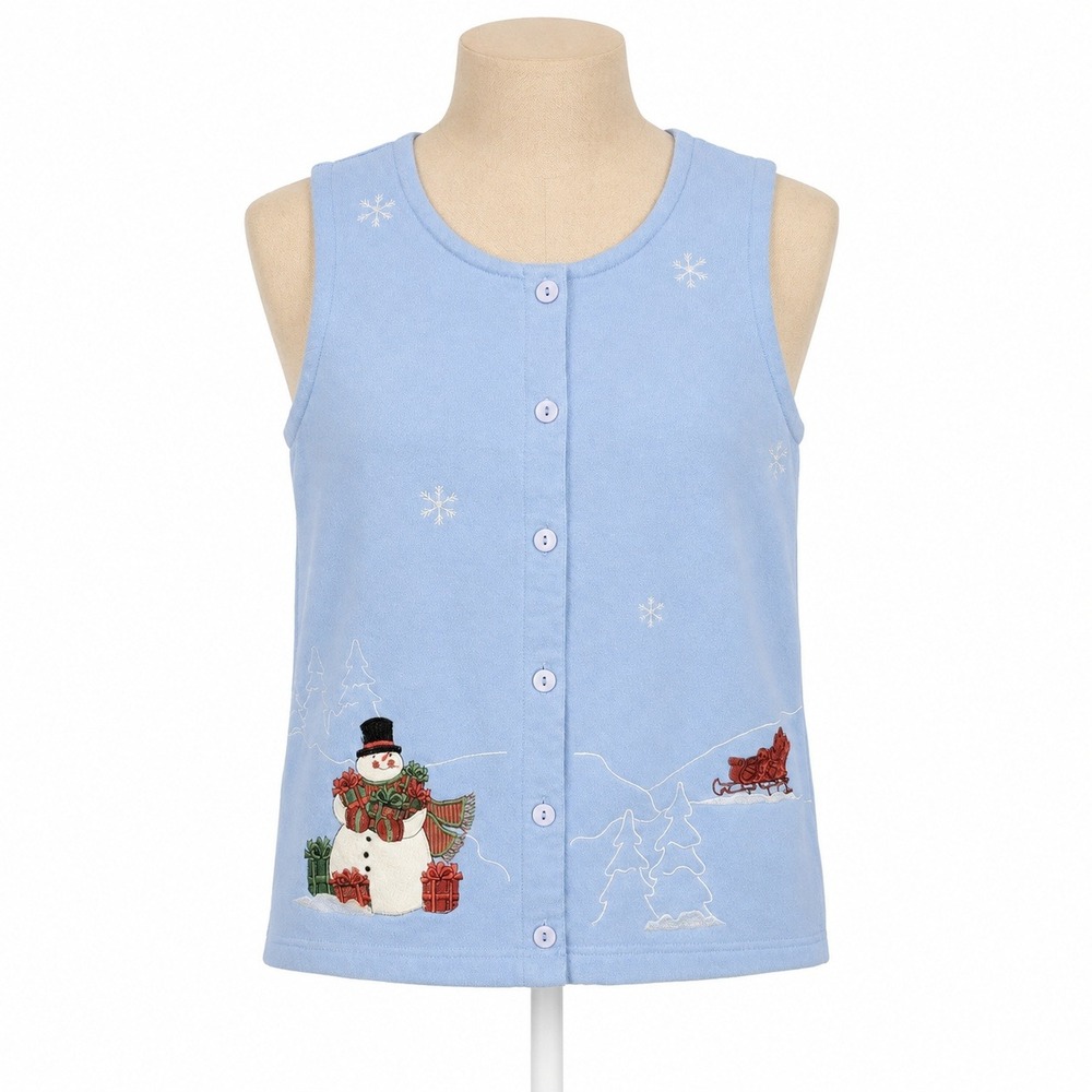 Vintage 90s Snowman Embroidered Fleece Button Vest Sz S Blue Winter Ugly Sweater